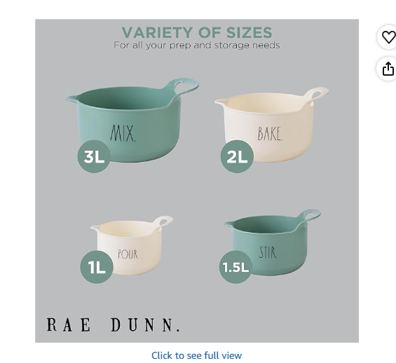Rae Dunn Non-Slip Mixing Bowls - 4 Piece Nesting Plastic Mixing Bowl Set with Pour Spouts and Handles, Measurement Markings (Sage)