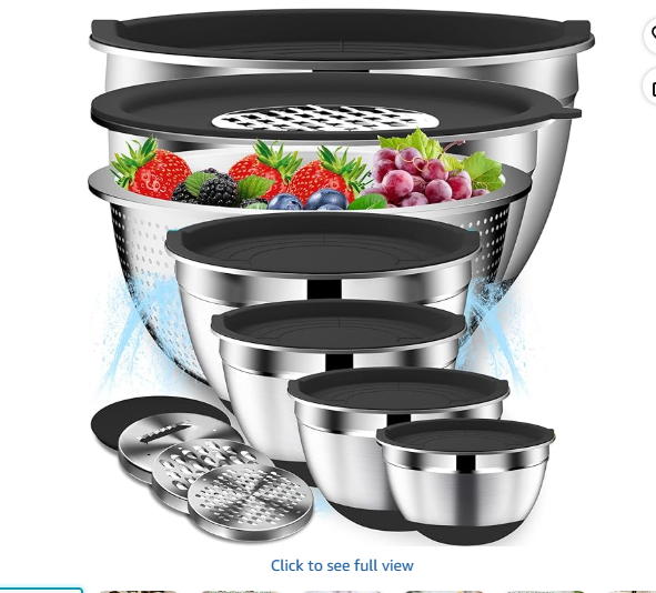 DUTZUN Mixing Bowls with Lids Set - 16pcs Stainless Steel Mixing Bowl Set with Colander, 3 Grater Attachments, Non-Slip Bottom, Metal Nesting Bowls with Strainer for Mixing & Serving - Black