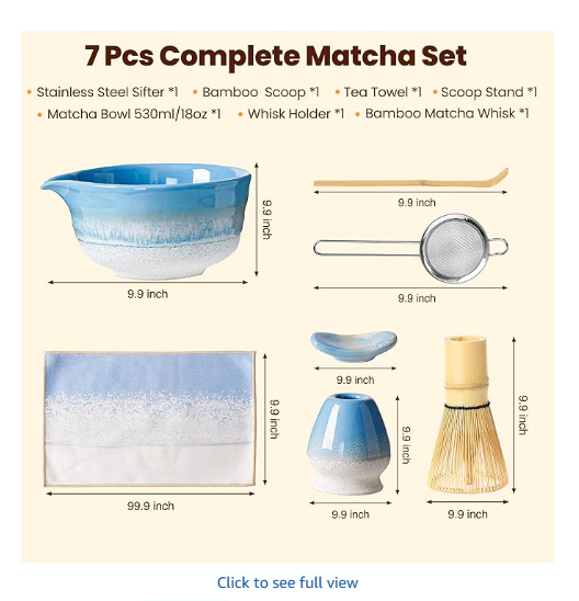Matcha Whisk Set, Ceramic Matcha Kit Desert Style, Matcha Whisk and Bowl, Bamboo Scoop and Rest, Sifter and Tea Towel, 7 Pcs Gifts for Matcha Lover (Light Blue)