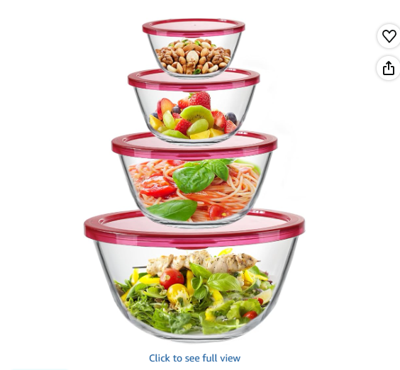 KOMUEE 4 Pack Glass Mixing Bowls Set with Lids (4.8QT, 2.9QT, 1.7QT, 0.8QT), Glass Nesting Bowls for Kitchen, Baking, Cooking and Serving, Oven, Dishwasher, Freezer, and Microwave Safe, Red