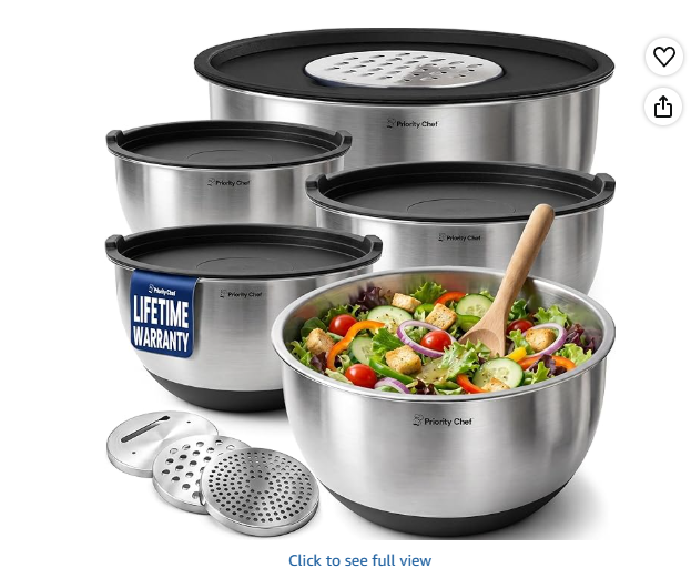 Priority Chef Stainless Steel Mixing Bowls with Lids Set, 3 Grater Attachments, Airtight Lids, Non-Slip Silicone Base, Large Prep Metal Mixing Bowls for Kitchen, Black (5-Piece)