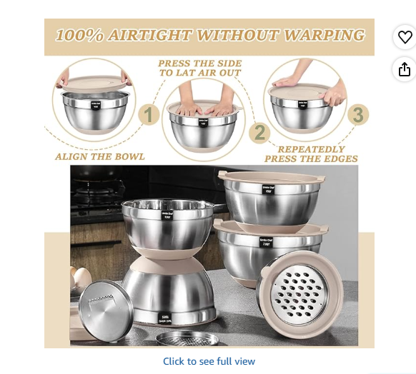 Mixing Bowls with Airtight Lids Set, 26PCS Stainless Steel Khaki Bowls with Grater Attachments, Non-Slip Bottoms & Kitchen Gadgets Set, Size 7, 4, 2.5, 2.0, 1.5, 1QT, Great for Mixing & Serving