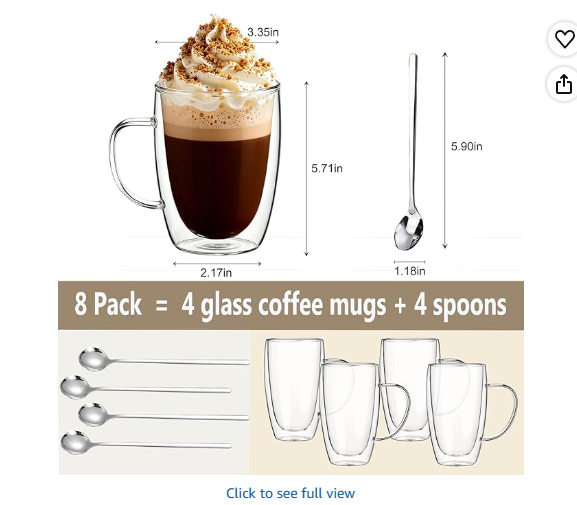 DINGPAI 15 oz Double Walled Glass Coffee Mugs Set of 4, Large Double Wall Insulated Borosilicate Glass Cups with Handle and Spoon for Latte, Cappuccino, Espresso, Americano