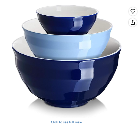 DOWAN Mixing Bowls, 4.25/2/0.5 Qt Ceramic Mixing Bowls for Kitchen, Large Salad Serving Bowls, Nesting Mixing Bowls Set, Microwave Safe, Blue