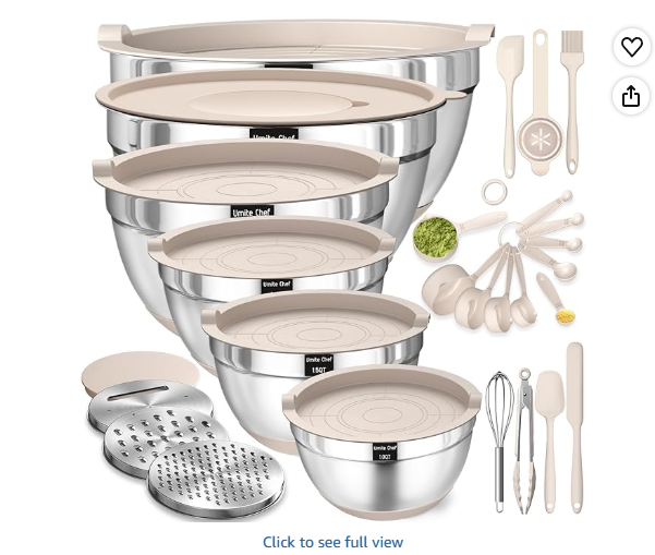 Mixing Bowls with Airtight Lids Set, 26PCS Stainless Steel Khaki Bowls with Grater Attachments, Non-Slip Bottoms & Kitchen Gadgets Set, Size 7, 4, 2.5, 2.0, 1.5, 1QT, Great for Mixing & Serving