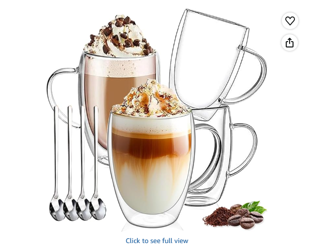 DINGPAI 15 oz Double Walled Glass Coffee Mugs Set of 4, Large Double Wall Insulated Borosilicate Glass Cups with Handle and Spoon for Latte, Cappuccino, Espresso, Americano
