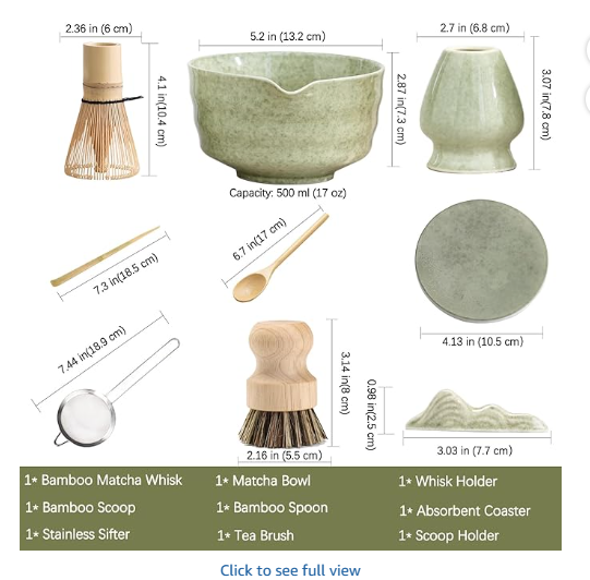Japanese Matcha Ceremony Set 9 Pcs - Ceramic Bowl with Spout, Bamboo Whisk & Holder, Sifter, Scoop, Spoon, Tea Brush, Absorbent Coaster & Scoop Holder