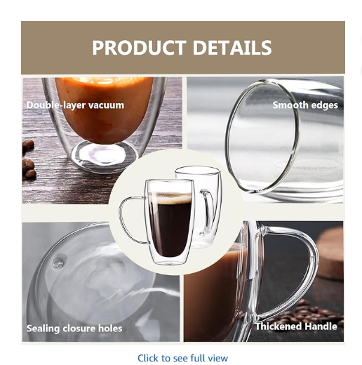 DINGPAI 15 oz Double Walled Glass Coffee Mugs Set of 4, Large Double Wall Insulated Borosilicate Glass Cups with Handle and Spoon for Latte, Cappuccino, Espresso, Americano