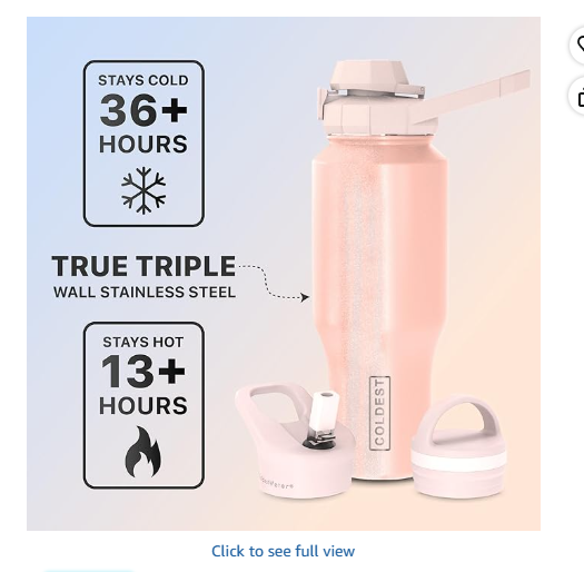 Coldest Sports Water Bottle - 3 in 1 Lids (Chug, Straw, Handle) - Insulated Stainless Steel Tumbler with Handle - Vacuum Water Flask Cup, Valentines Gifts for Him Her (36 oz, Forever Pink Glitter)