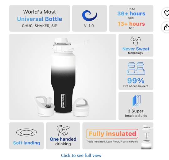 Coldest Sports Water Bottle - 3 in 1 Lids (Chug, Straw, Handle) - Insulated Stainless Steel Tumbler with Handle - Vacuum Water Flask Cup, Valentines Gifts for Him Her (36 oz, Hyperspace)