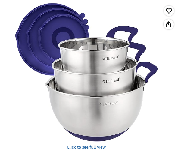 Hillbond Mixing Bowls with BPA Free Airtight Lids Stainless Steel Nesting Bowls with Pour Spout, Silicone Handle Non-Slip Bottoms for Baking, Dishwasher Safe Metal Bowls, 1.5, 3, 5 QT (Blue)