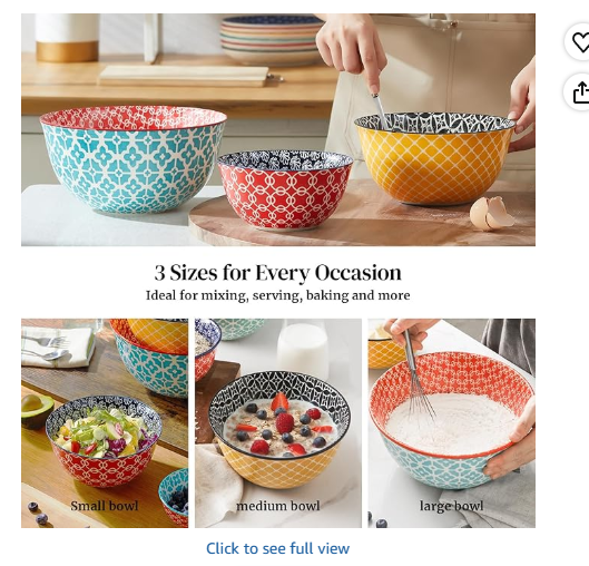 DOWAN Ceramic Mixing Bowls for Kitchen, Colorful Vibrant Nesting Bowls for Cooking, Baking, Prepping, Serving, Salad, Housewarming Gift, Microwave Dishwasher Safe, 3.7/2/1 Qt, Set of 3