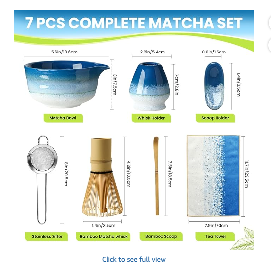 Matcha Whisk Set, Ceramic Matcha Kit Desert Style, Matcha Whisk and Bowl, Bamboo Scoop and Rest, Sifter and Tea Towel, 7 Pcs Gifts for Matcha Lover (Blue)