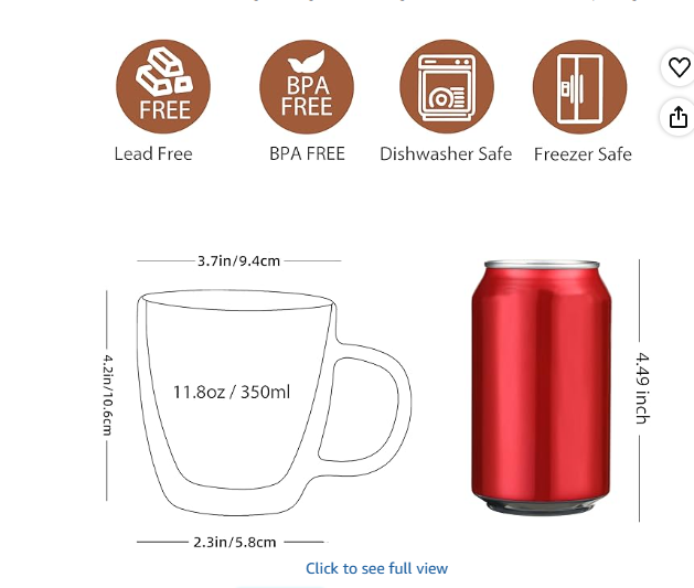 CNGLASS Glass Coffee Mugs 12oz, Double Walled Insulated Cappuccino Mug with Handle, Clear Espresso Cups for Latte Tea Hot and Cold Beverages, Set of 4