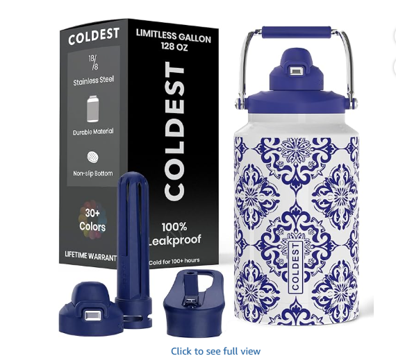 Coldest 128oz Tumbler with Handle & Straw - 100% Leakproof Insulated Tumbler, 3 Lids Included (Blue Mosaic)