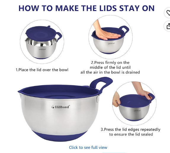 Hillbond Mixing Bowls with BPA Free Airtight Lids Stainless Steel Nesting Bowls with Pour Spout, Silicone Handle Non-Slip Bottoms for Baking, Dishwasher Safe Metal Bowls, 1.5, 3, 5 QT (Blue)