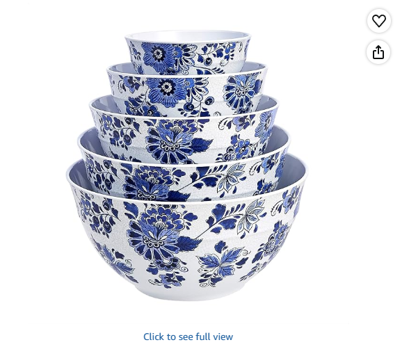 Amazon Basics Mixing Bowls with Lids, Nesting Melamine Serving Bowls, Non-Slip Base, BPA Free, Dishwasher Safe, 5 Sizes, Blue and White Floral, Set of 10
