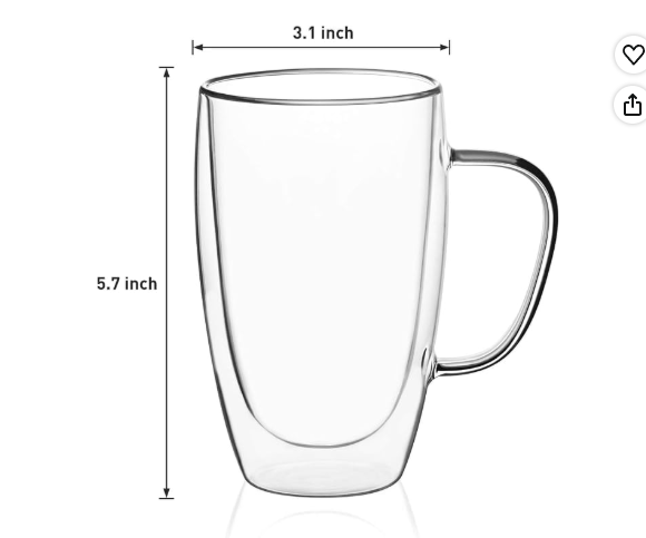 COLOCUP Espresso Cups Set of 2 15 Oz, Double Walled Glass Coffee Mugs with Handle, Insulated Clear Borosilicate Glass Mugs for Cappuccino, Tea, Latte, Espresso, Hot Beverage, Wine
