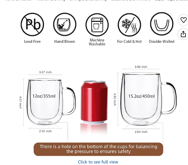 CNGLASS Large Double Wall Glass Coffee Mug 15.2oz, Clear Insulated Glass Espresso Cup with Handle, Set of 4
