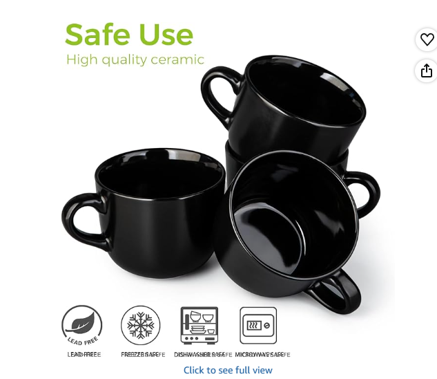 AmorArc 24 oz Soup Mugs with Handles, Jumbo Ceramic Bowls Mugs Set of 4 for Coffee Cereal Cappuccino Snacks, Microwave & Dishwasher Safe Soup Cups for Meal – Black