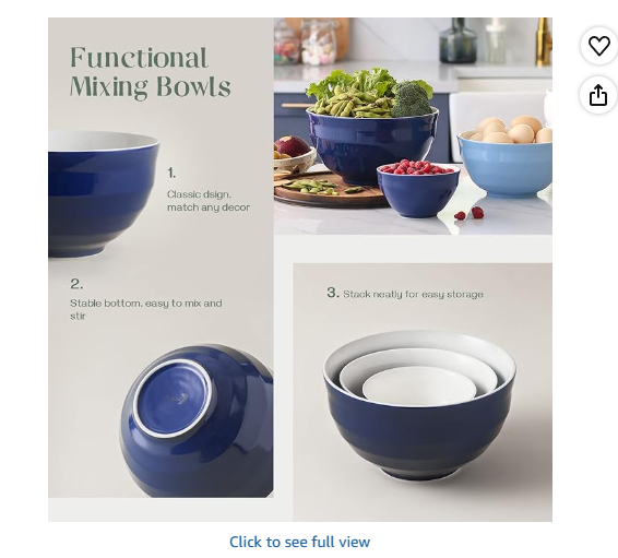 DOWAN Mixing Bowls, 4.25/2/0.5 Qt Ceramic Mixing Bowls for Kitchen, Large Salad Serving Bowls, Nesting Mixing Bowls Set, Microwave Safe, Blue