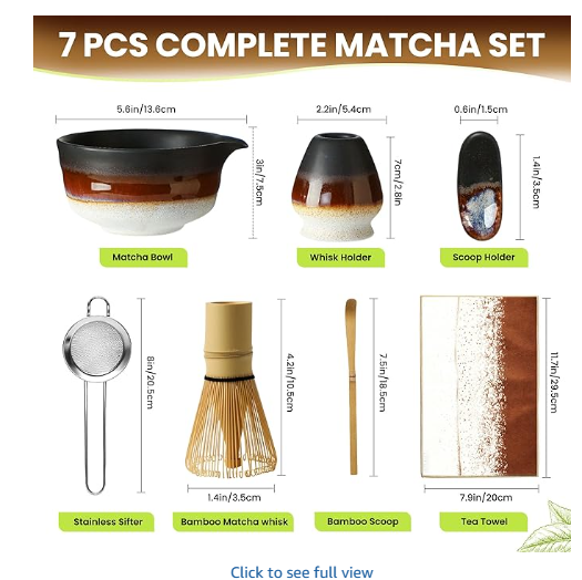 Matcha Whisk Set, Ceramic Matcha Kit Desert Style, Matcha Whisk and Bowl, Bamboo Scoop and Rest, Sifter and Tea Towel, 7 Pcs Gifts for Matcha Lover (Matte Black)