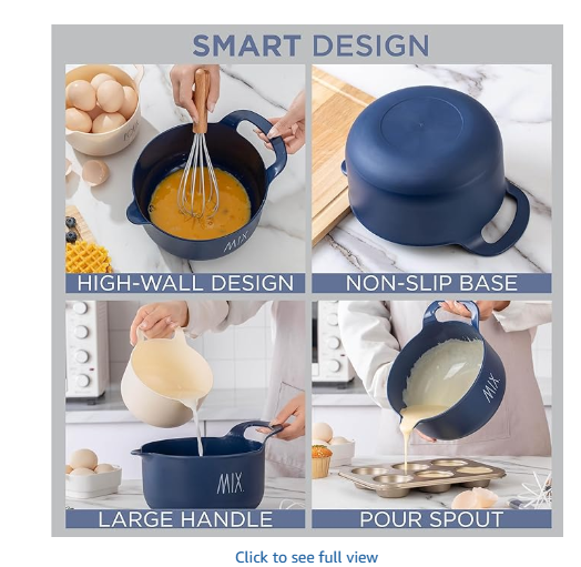 Rae Dunn Non-Slip Mixing Bowls - 4 Piece Nesting Plastic Mixing Bowl Set with Pour Spouts and Handles, Measurement Markings (Cream)