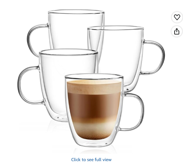 CNGLASS Glass Coffee Mugs 12oz, Double Walled Insulated Cappuccino Mug with Handle, Clear Espresso Cups for Latte Tea Hot and Cold Beverages, Set of 4