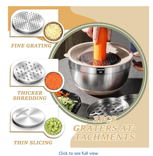 Mixing Bowls with Airtight Lids Set, 26PCS Stainless Steel Khaki Bowls with Grater Attachments, Non-Slip Bottoms & Kitchen Gadgets Set, Size 7, 4, 2.5, 2.0, 1.5, 1QT, Great for Mixing & Serving