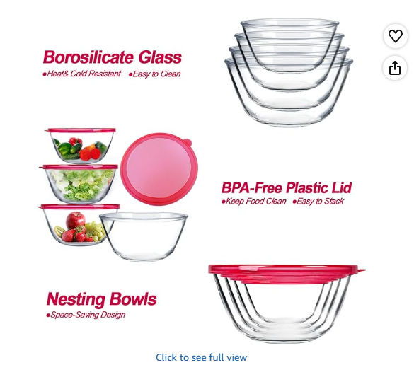 KOMUEE 4 Pack Glass Mixing Bowls Set with Lids (4.8QT, 2.9QT, 1.7QT, 0.8QT), Glass Nesting Bowls for Kitchen, Baking, Cooking and Serving, Oven, Dishwasher, Freezer, and Microwave Safe, Red