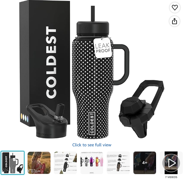 Coldest Tumbler with Handle and Straw, 100% Leak Proof Insulated Tumbler with Lid and Straw (3 Lids), Stainless Steel Tumblers for Women & Men, Cup Holder Friendly Base, 36 oz (Black Polka Dots)