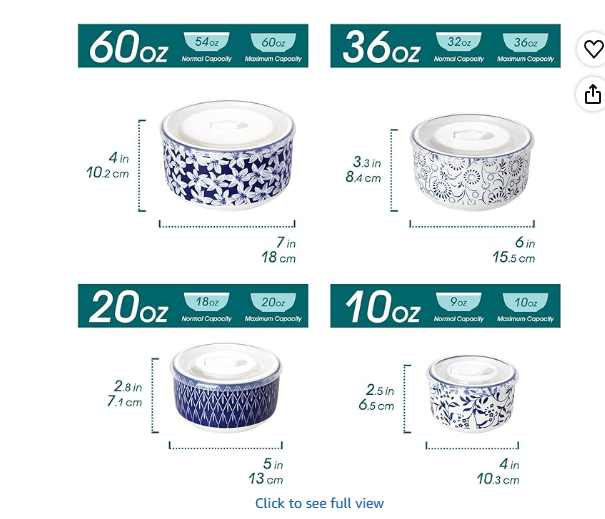 vancasso Ceramic Nesting Bowls with Lids Set of 4, Serving Bowls for Food Storage, Prep Bowl, Ceramic Bowl for Kitchen, Microwave & Dishwasher Safe, 60+36+20+10 Oz, Series SELENE