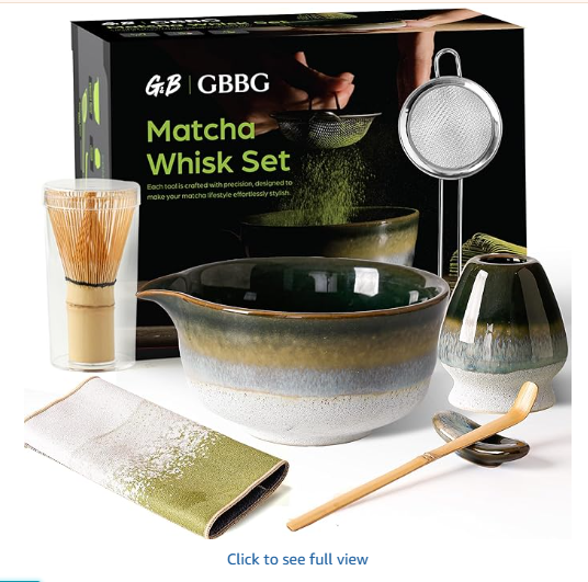 Matcha Whisk Set, Ceramic Matcha Kit Desert Style, Matcha Whisk and Bowl, Bamboo Scoop and Rest, Sifter and Tea Towel, 7 Pcs Gifts for Matcha Lover (Dark Green)