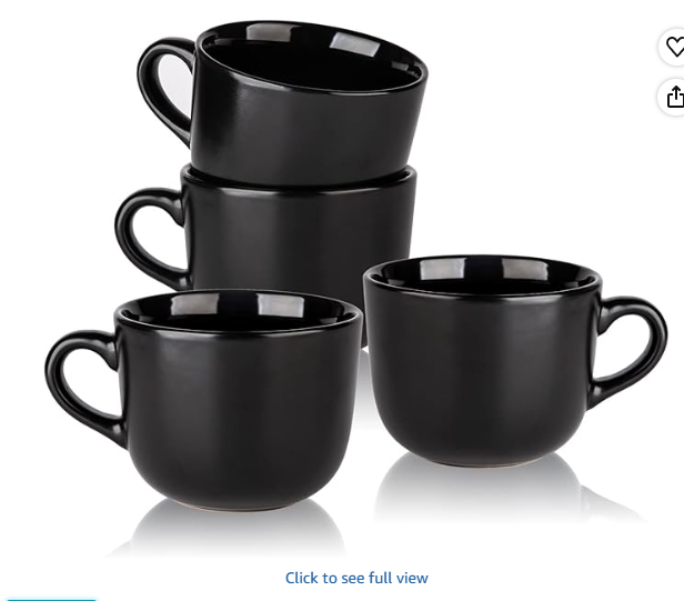 AmorArc 24 oz Soup Mugs with Handles, Jumbo Ceramic Bowls Mugs Set of 4 for Coffee Cereal Cappuccino Snacks, Microwave & Dishwasher Safe Soup Cups for Meal – Black