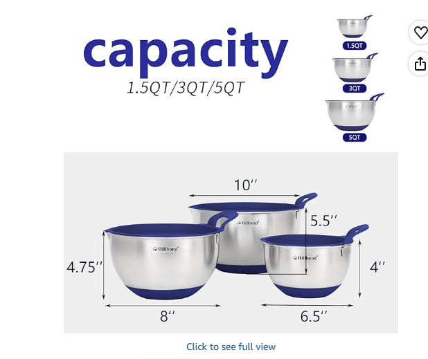 Hillbond Mixing Bowls with BPA Free Airtight Lids Stainless Steel Nesting Bowls with Pour Spout, Silicone Handle Non-Slip Bottoms for Baking, Dishwasher Safe Metal Bowls, 1.5, 3, 5 QT (Blue)