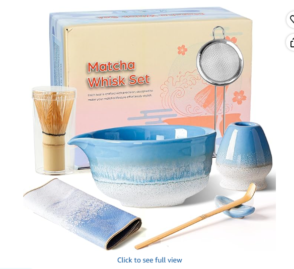 Matcha Whisk Set, Ceramic Matcha Kit Desert Style, Matcha Whisk and Bowl, Bamboo Scoop and Rest, Sifter and Tea Towel, 7 Pcs Gifts for Matcha Lover (Light Blue)