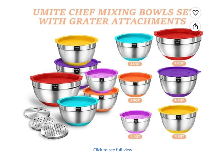 Umite Chef 26PCS Colorful Mixing Bowl Set with Lid, Grater Attachment, Non-Slip Bottom and Kitchen Gadget Set, Sizes 7, 4, 2.5, 2.0, 1.5, 1QT