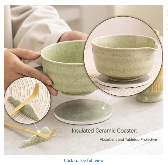 Japanese Matcha Ceremony Set 9 Pcs - Ceramic Bowl with Spout, Bamboo Whisk & Holder, Sifter, Scoop, Spoon, Tea Brush, Absorbent Coaster & Scoop Holder