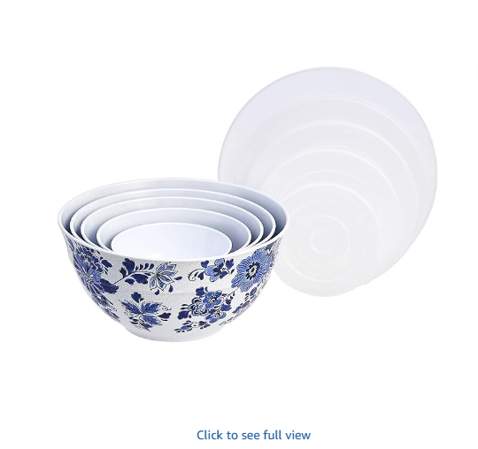 Amazon Basics Mixing Bowls with Lids, Nesting Melamine Serving Bowls, Non-Slip Base, BPA Free, Dishwasher Safe, 5 Sizes, Blue and White Floral, Set of 10