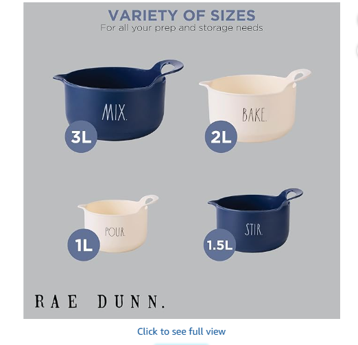 Rae Dunn Non-Slip Mixing Bowls - 4 Piece Nesting Plastic Mixing Bowl Set with Pour Spouts and Handles, Measurement Markings (Cream)