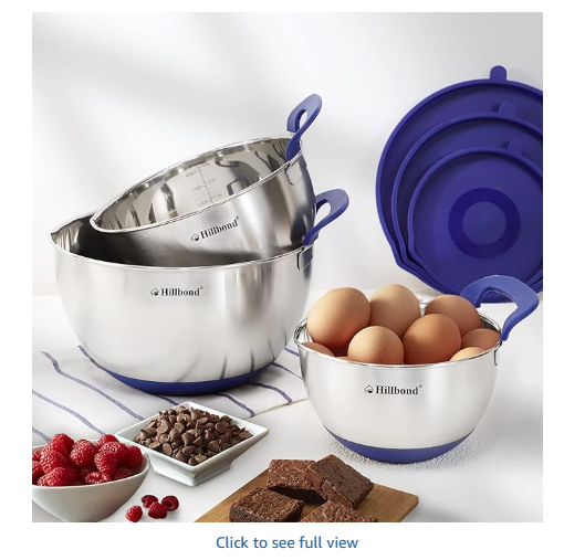Hillbond Mixing Bowls with BPA Free Airtight Lids Stainless Steel Nesting Bowls with Pour Spout, Silicone Handle Non-Slip Bottoms for Baking, Dishwasher Safe Metal Bowls, 1.5, 3, 5 QT (Blue)