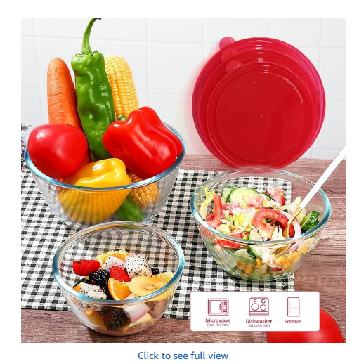 KOMUEE 4 Pack Glass Mixing Bowls Set with Lids (4.8QT, 2.9QT, 1.7QT, 0.8QT), Glass Nesting Bowls for Kitchen, Baking, Cooking and Serving, Oven, Dishwasher, Freezer, and Microwave Safe, Red