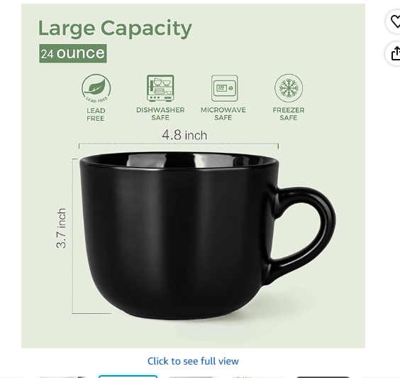 AmorArc 24 oz Soup Mugs with Handles, Jumbo Ceramic Bowls Mugs Set of 4 for Coffee Cereal Cappuccino Snacks, Microwave & Dishwasher Safe Soup Cups for Meal – Black