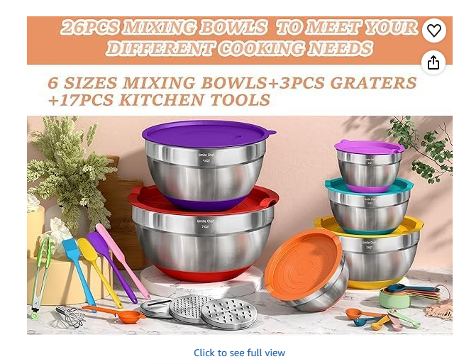 Umite Chef 26PCS Colorful Mixing Bowl Set with Lid, Grater Attachment, Non-Slip Bottom and Kitchen Gadget Set, Sizes 7, 4, 2.5, 2.0, 1.5, 1QT